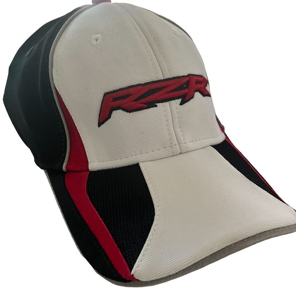 Polaris RZR Hat Cap L-XL White‎ Red Baseball Racing Fitted Hat VTG 90s